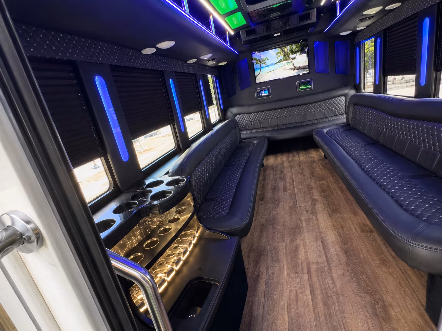 Interior of a party bus rental serving Fort Worth
